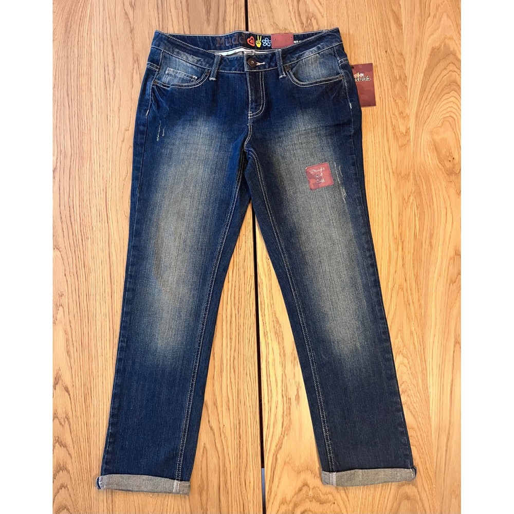 Mudd Straight Leg Jeans Women Size 11 Blue Dark Wash Y2K Rolled Cuff Denim